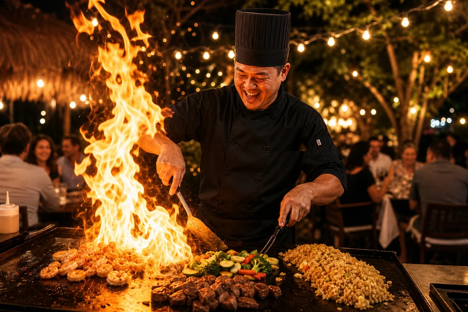 A chef cooking shrimp, steak and vegetables on a teppanyaki grill in a backyard