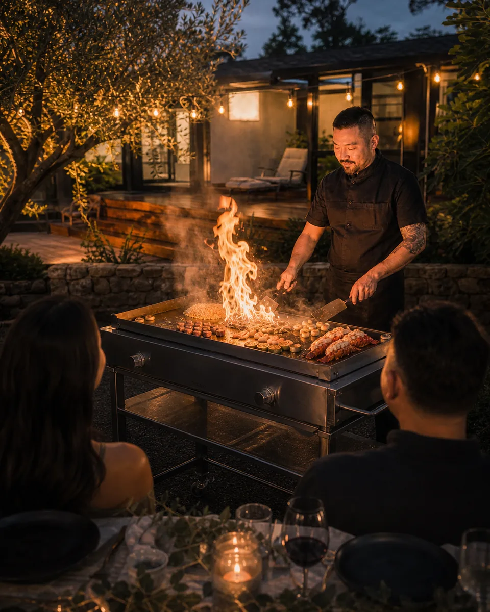 A private chef sending a column of flame off the teppanyaki grill in a lit backyard while two guests watch