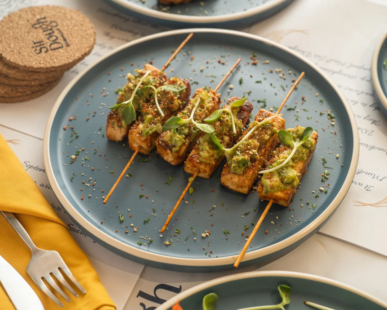 Grilled tofu with microgreens