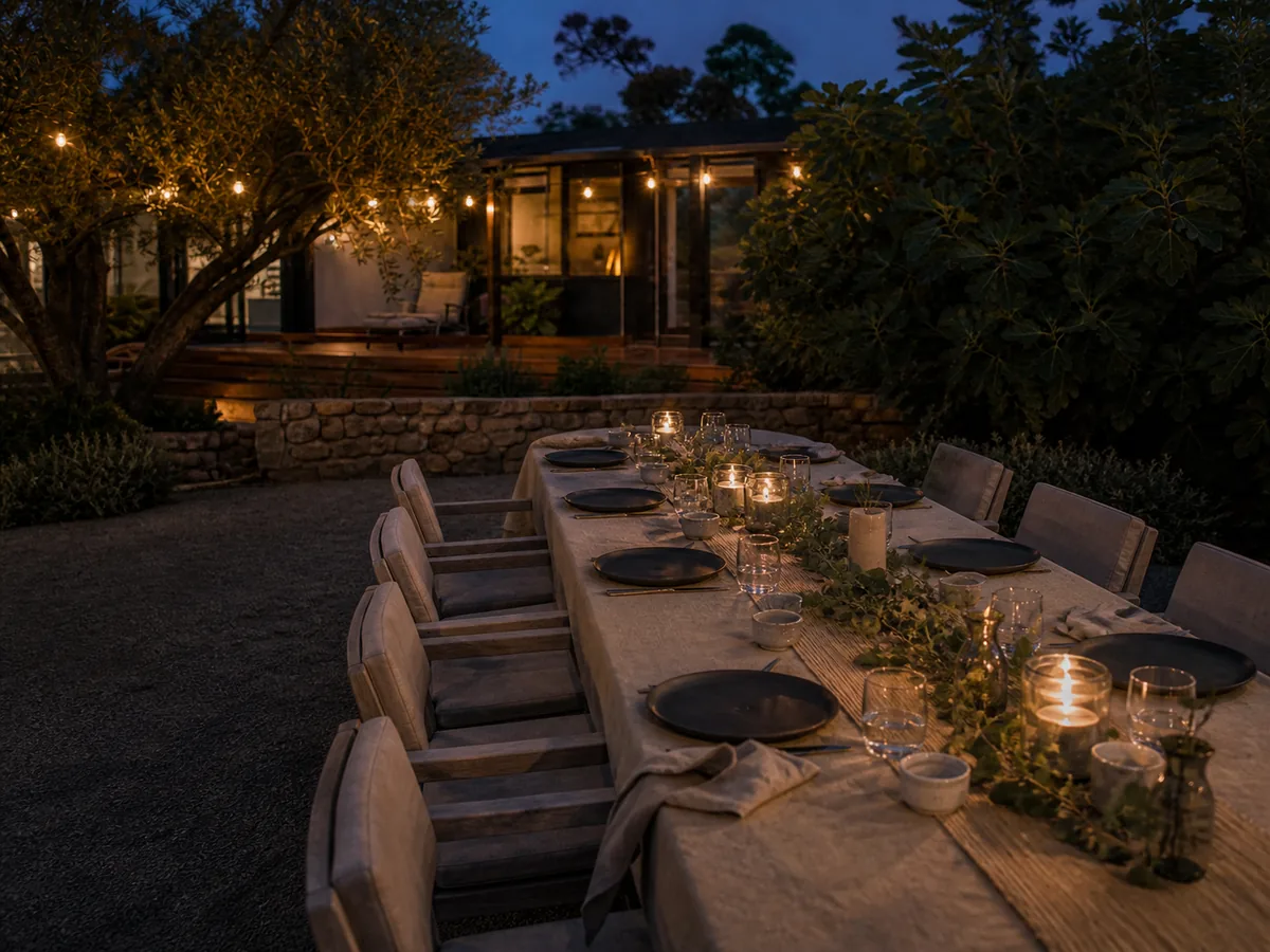 A long table laid with black plates and candles in a garden at dusk