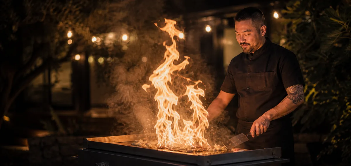 A chef working a tall wall of flame under string lights