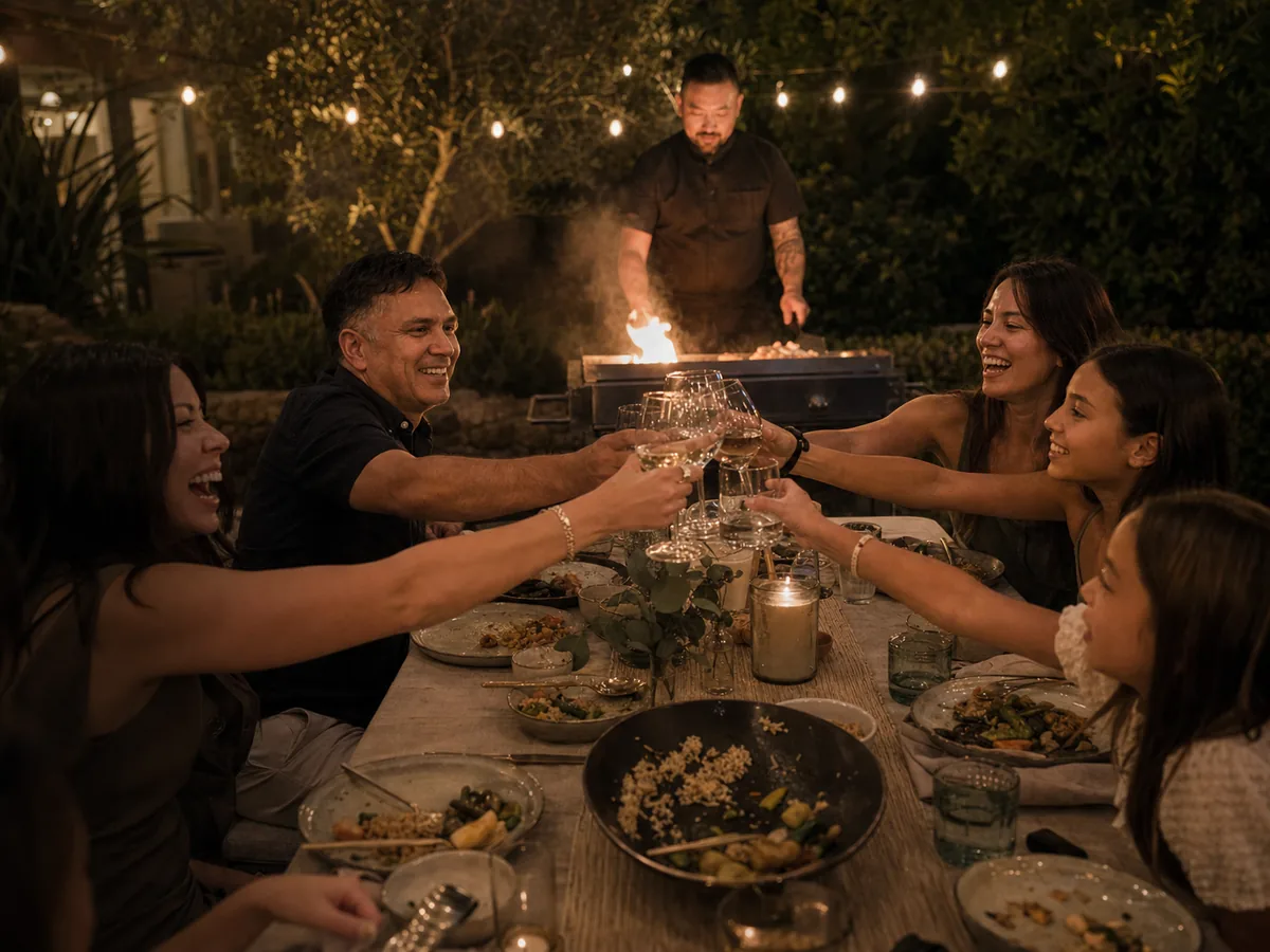 A family leaning in to clink glasses while the chef cooks behind them