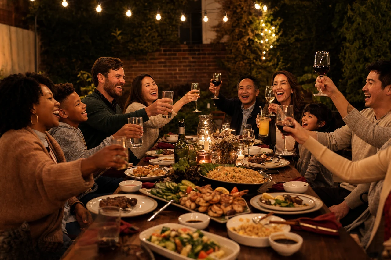 Guests of all ages raising their glasses around a long garden table after dark