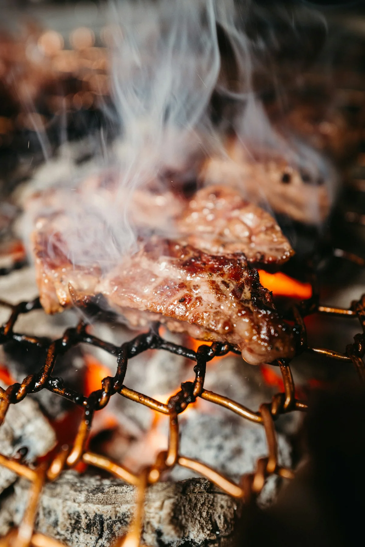 Meat cooking over glowing coals with smoke drifting across the grill