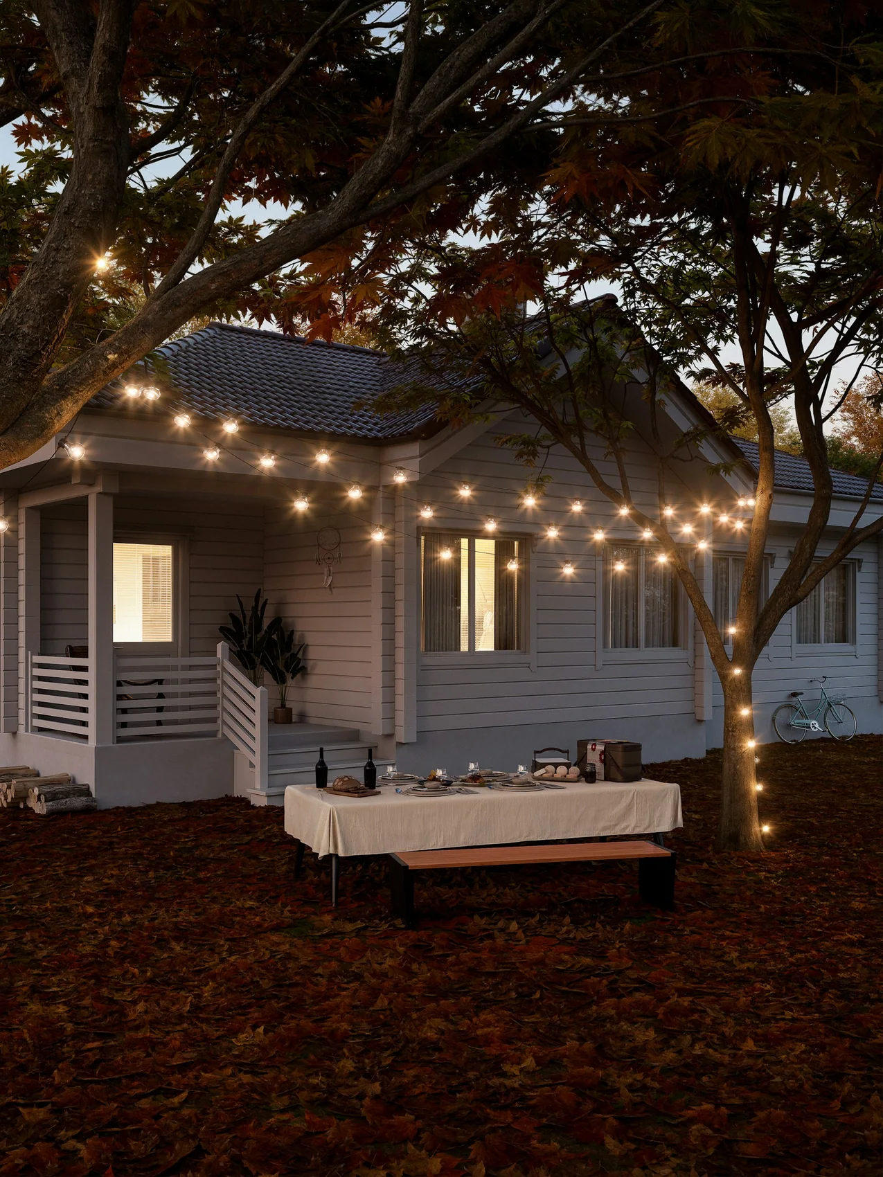 String lights hung above a table beside a house on an autumn evening